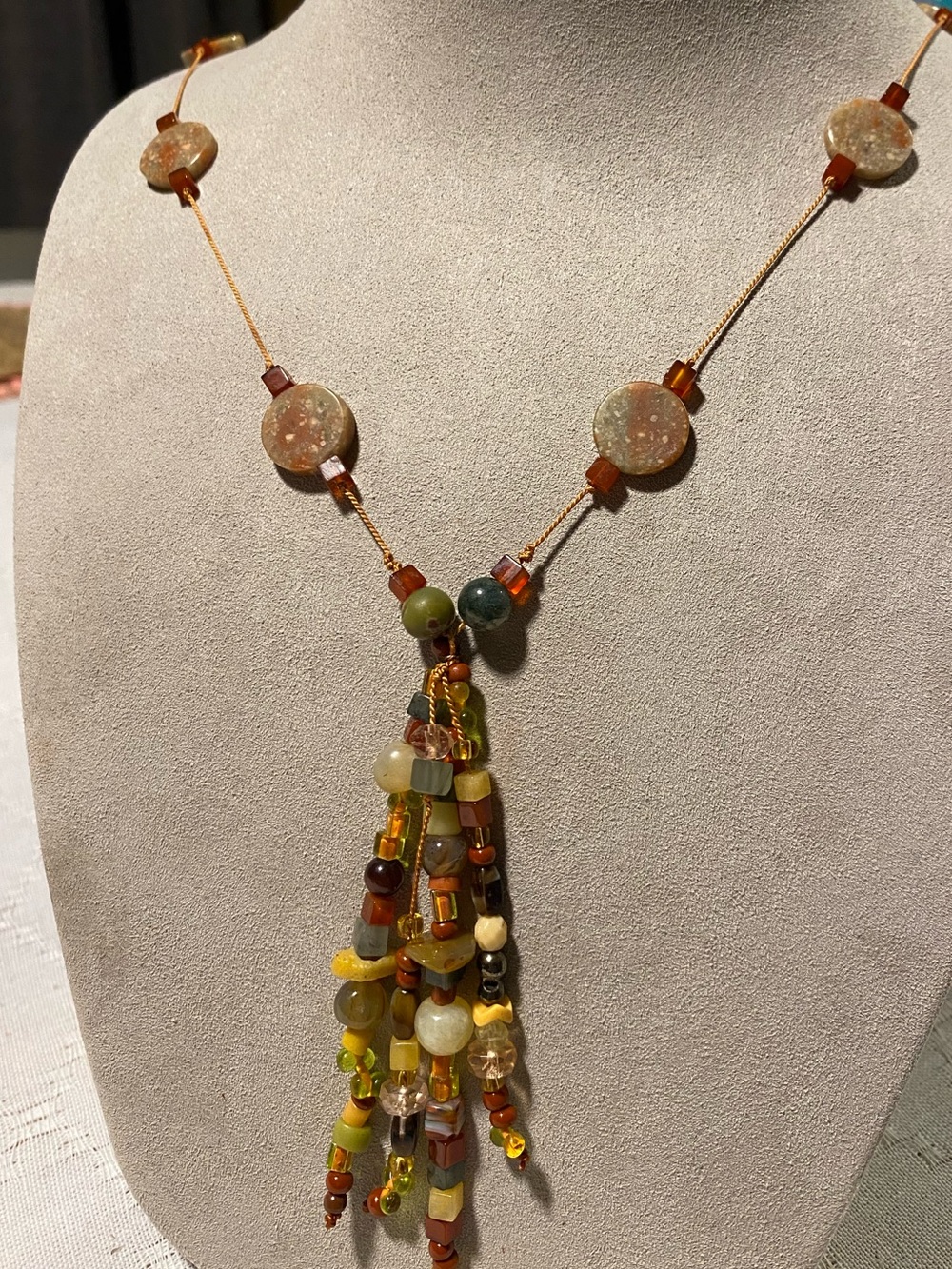 Beaded Tassel Pendant Necklace in Earthy Tones - Women Jewelry